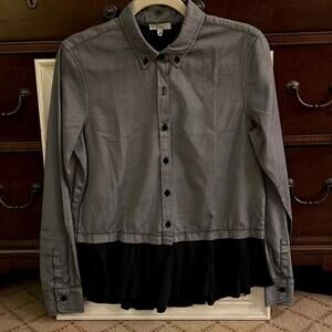 Clu denim long sleeve button down shirt w silk ruffle hem  NWOT S